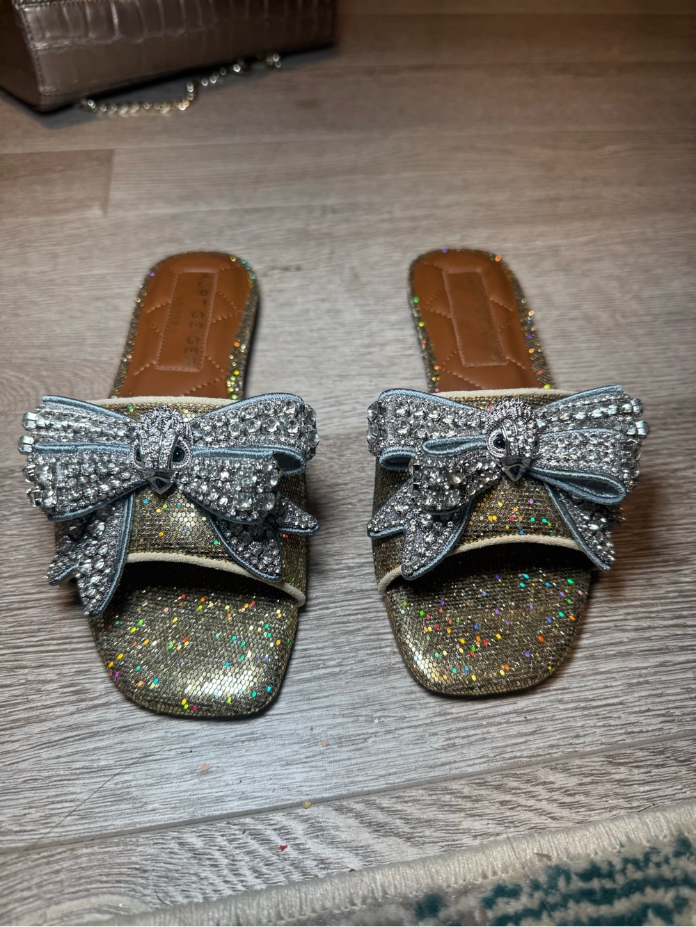 NWT Kurt Geiger Glitter Bow Slide Sandals - Silver & Gold Sparkle Size 6